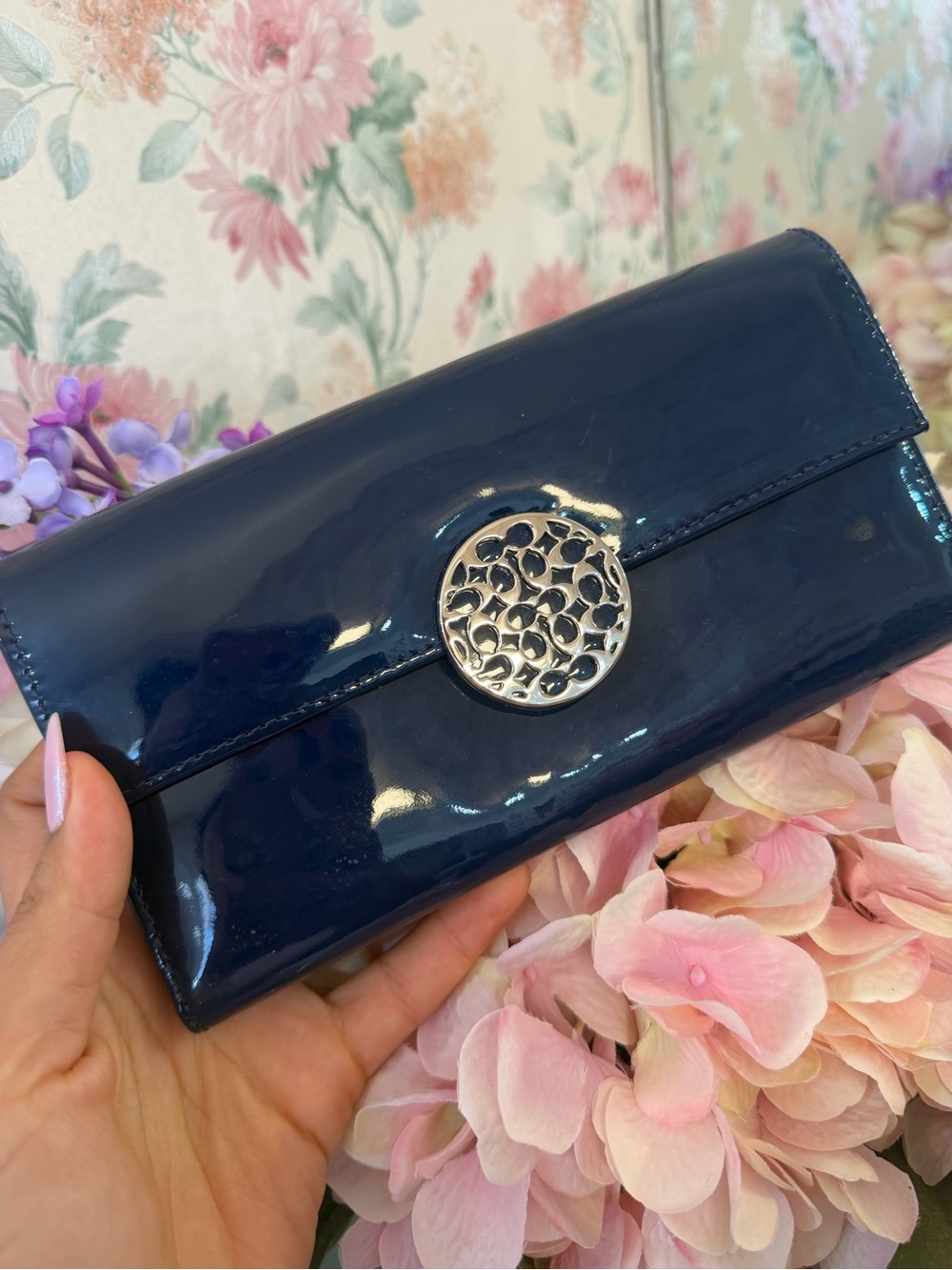 Coach Navy Patent Leather Continental Wallet with Silver Medallion